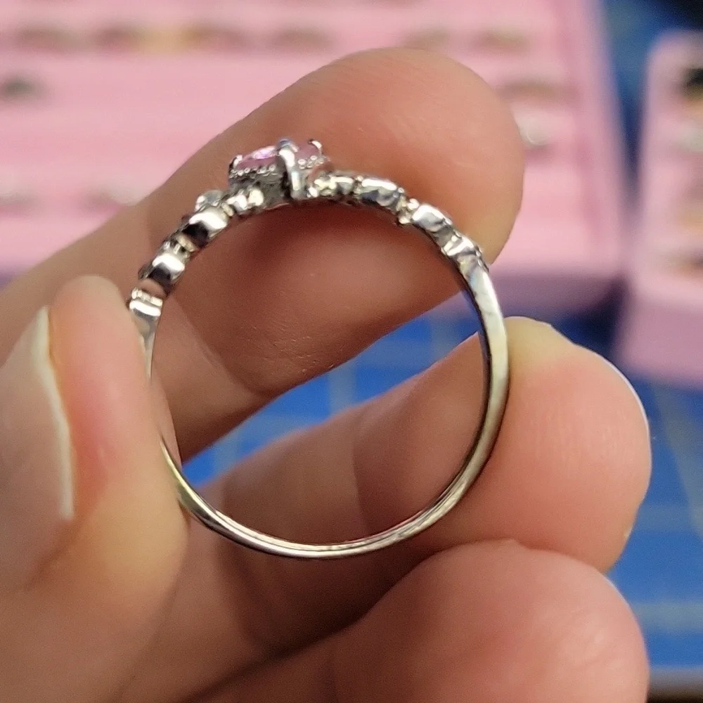 Pink Heart & Rhinestone Silver Tone Ring - Picture 4 of 5